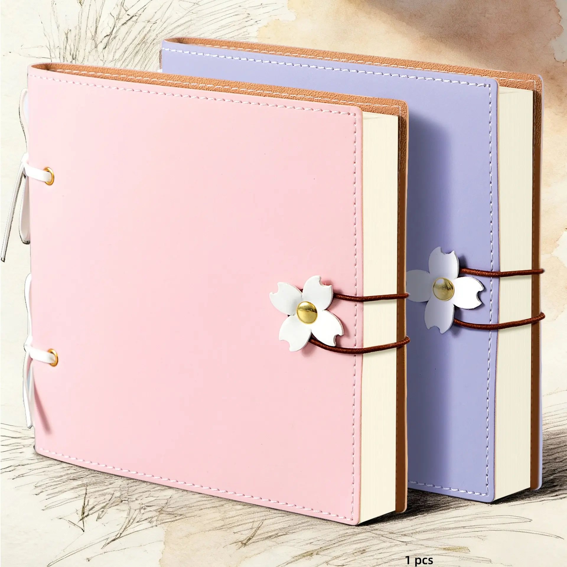 Square Cherry Blossom Leather Journal, 240 Pages Blank Notebook, PU Leather Cover with Ribbon Closure, Multifunctional Travel Diary and Scrapbook