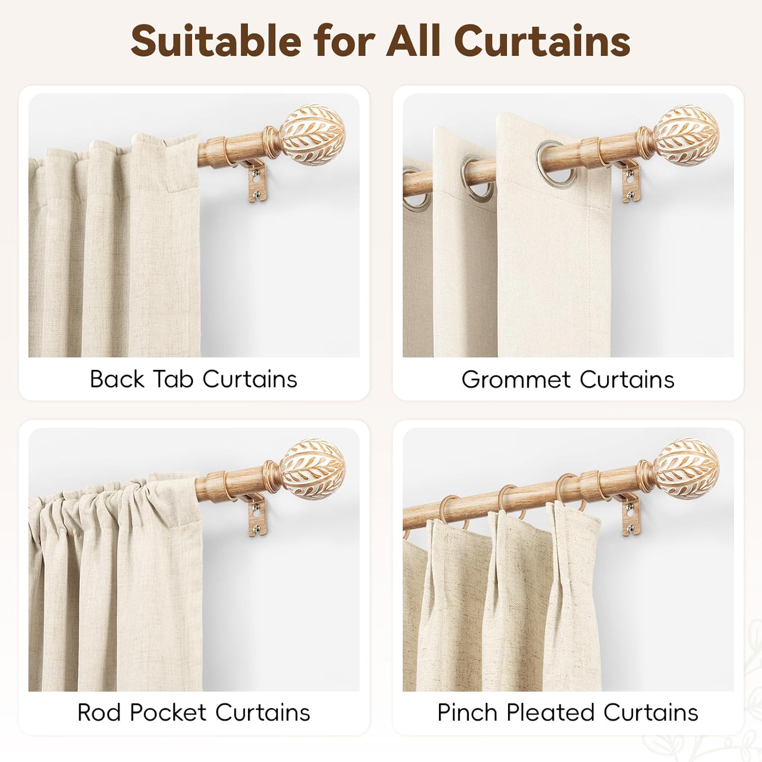 Inovaday Wood Curtain Rods for Windows,1 Inch Heavy Duty Boho Drapery Rods with Imitation Wood Grain Olive Leaf Motif Finials, Rustic Decorative Curtain Pole Set Inovaday Wood Curtain Rods for Windows,1 Inch Heavy Duty Boho Drapery Rods with Imitation Wood Grain Olive Leaf Motif Finials, Rustic Decorative Curtain Pole Set