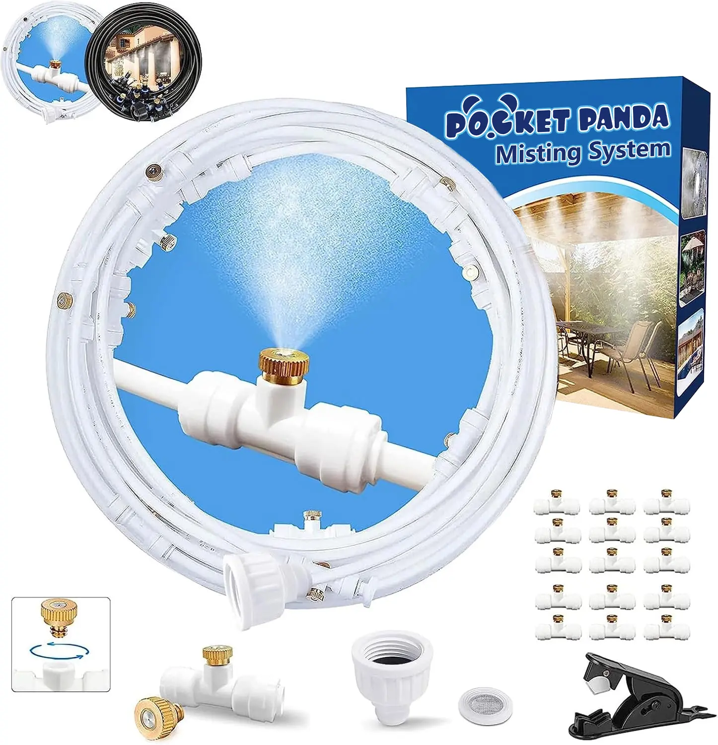 POCKET PANDA Outdoor Misting Cooling System Kit  | DIY Patio Mister for Deck, Garden & Backyard BBQ | Instant Cooling for Pergola, Trampoline & Greenhouse Plants | Energy Efficient Water Mist Hose & Sprinkler Accessories (Kids-Friendly Design)