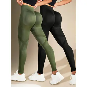 Two Solid Color High-Elasticity Fitness Yoga Leggings - Abdominal Control, Pleated, Elastic Waistband, Long Length, Made of Polyamide And Elastic Materials - Suitable for Women'S Activewear, Exercise, And All Seasons