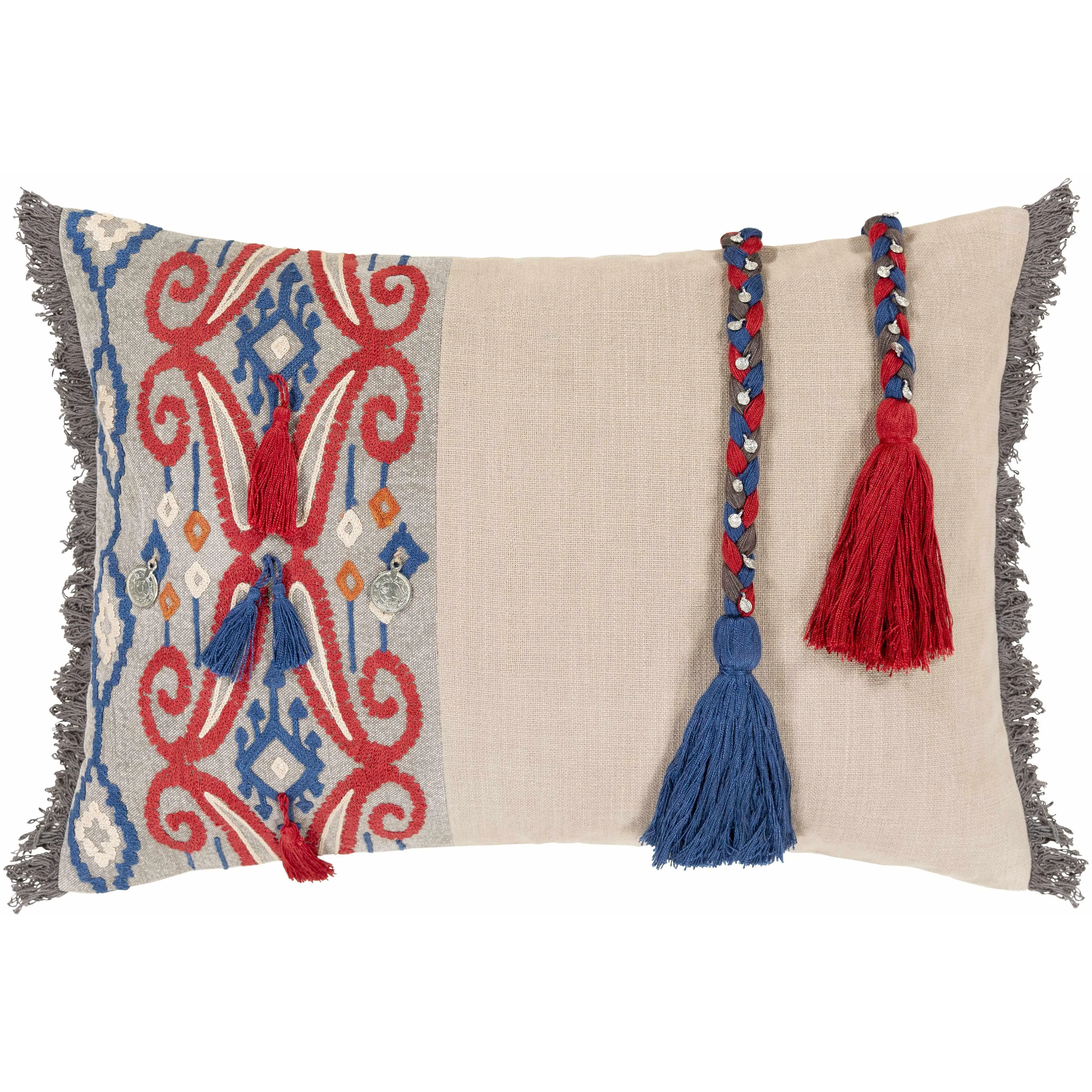 Rogerson Tassel Embroidered Beige Lumbar Pillow - Clearance Rogerson Tassel Embroidered Beige Lumbar Pillow - Clearance