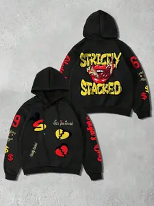 Men's Trendsetter 'strictly Stacked' Hoodie with Body, Flame Lips & Broken Heart Graphic Print, Eye-Catching Details, Loose Oversized Style for Casual Wear