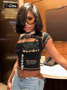 women's letter & plants print cut out round neck crop tee, girly clothes, fall clothes, casual 2000s y2k short sleeve t-shirt, graphic tees, fall outfits 2024, ladies streetwear, downtown girl clothes