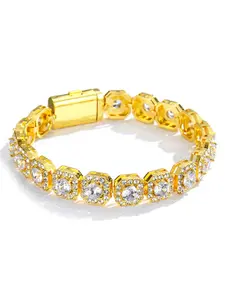 Men's Ice-Cool Hip-Hop Bracelet, Square Cut Synthetic Zircon Design, Shiny Copper Color Hand Chain, Vintage Style Fashion Accessory