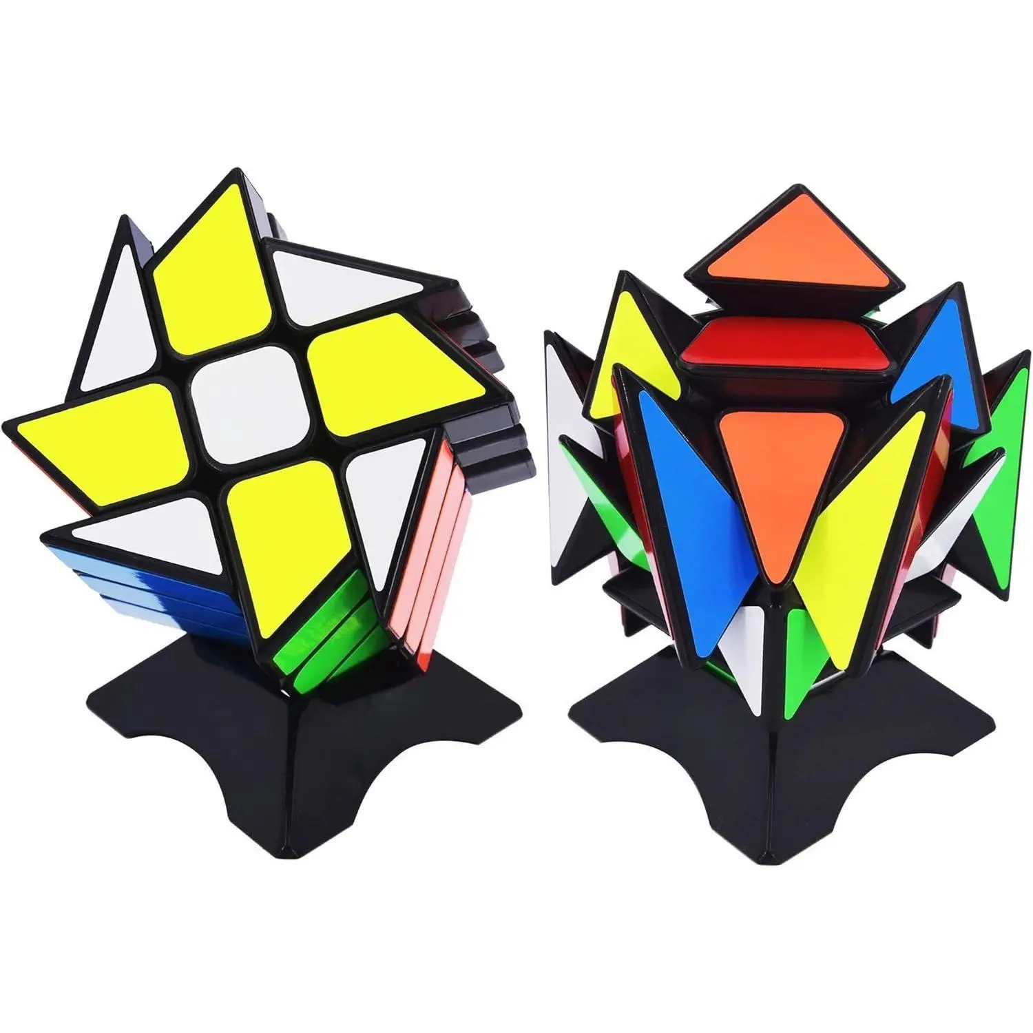 F-MTS22 3x3 Speed Cube Bundle - Pack of 2 Windmill Cube & YJ Axis V2 Fluctuation Angle Twisty Puzzles, New Version Black, Adjustable Tension, Anti-Pop, Bonus Stands, Eco-Friendly ABS