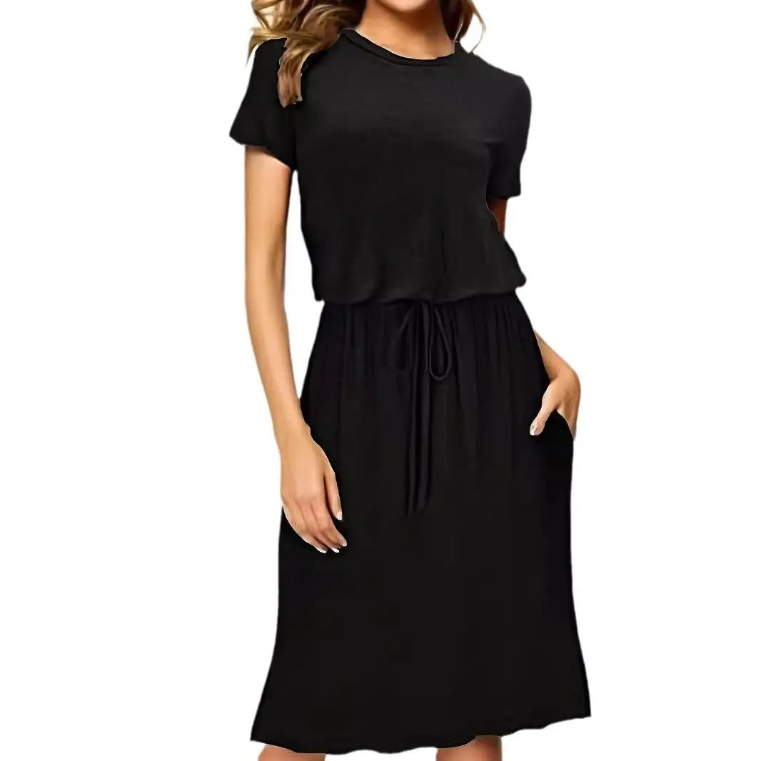 Womens Hide Belly Work Casual Midi Blouson Dress with Pockets