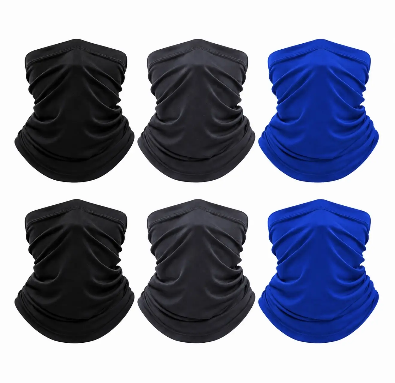 6-Pack Face Coverings in Black,Grey,Royal Blue - Versatile Neck Gaiters for Outdoor Activities - Comfortable & Durable