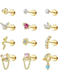 12 Pcs Vintage Golden Flat Back Cartilage Earring Set for Women Men Skin-friendly Surgical Steel Retro Copper for Sensitive Ears Multiple Lovely CZ Ball Heart Butterfly Flower Dangle Barbell Structures Helix Conch Tragus Piercing Sites