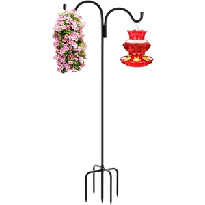 Double Shepherds Hook for Outdoor, 60 Inch Bird Feeder Pole with 5 Prongs Base, 5/8 Inch Thick Heavy Duty Adjustable Garden Hook for Hanging , Lantern, Hummingbird Feeder, 1 Pack