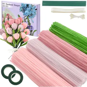 400 count Pipe Cleaners Craft,4 Assorted Colors Pipe Cleaners Bulk, Chenille Stems for DIY Flower Making Kit with Floral Wires, Gardening Tape,Stamen& Ribbon ()