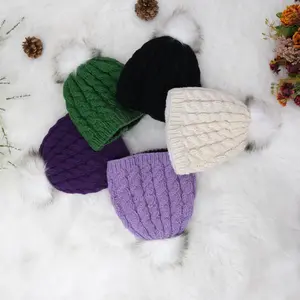 Knitted Fleece Lined Wool Hat with Pompom from Nepal, Faux Fur Hats, Crocheted Hat, Cable Knit, Unisex Beanie Hat, Warm Winter Chunky Hats