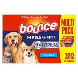 Pet Hair and Lint Guard Mega Fabric Softener Dryer Sheets with 3X Pet Hair Fighters, Fresh Scent, 180 Count, Bounce Dryer Sheets, Laundry Sheets, Mega Sheet