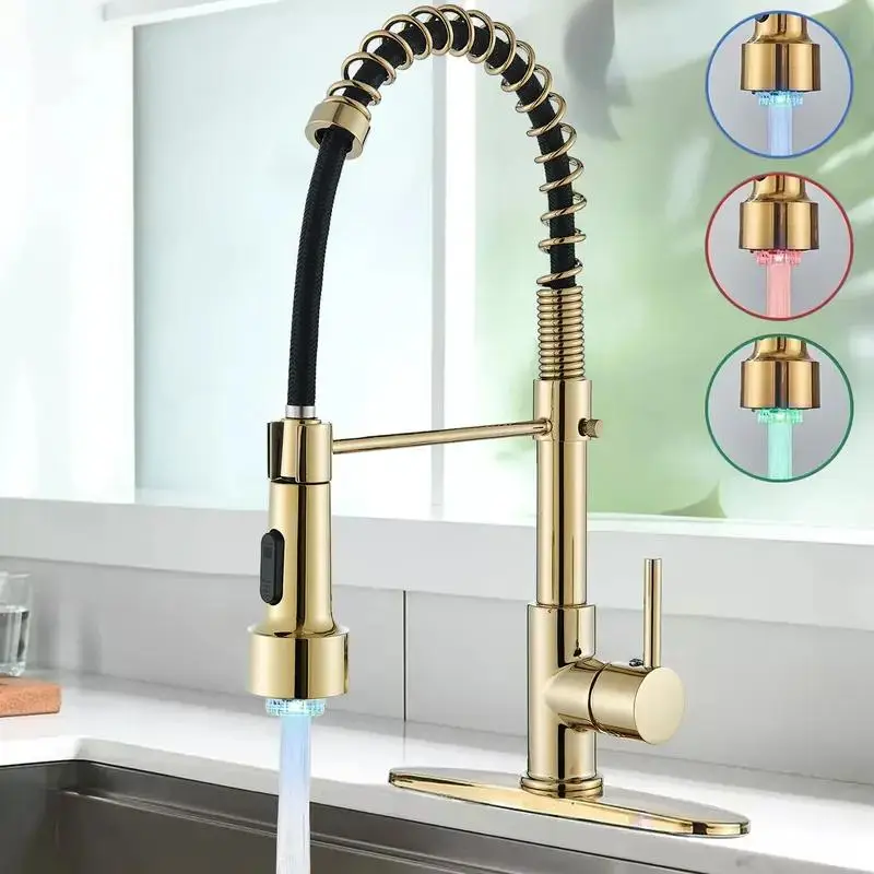 Senlesen Modern Kitchen Faucet with Pull Down Sprayer Black Commercial LED Kitchen Sink Faucet Single Handle Single Hole High Arc Spring Mixer Taps De