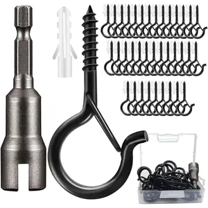 36 Pack Screw Hooks for  Outdoor String Lights, Heavy Duty 2.2 Inch Black Q-Hanger with Safety Buckle  Christmas Lights, , with 1 Wing Nut Driver