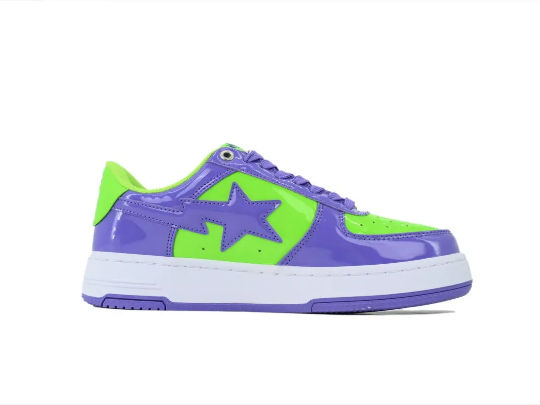 Two Tone Purple Lime Green Gloss Patent Leather Low Top Platform Sneakers, Matching Purple Stitched Star Logo White Cushioned Midsole Purple Rubber Outsole Unisex Hip Hop Street Skate Daily Walking Trainers