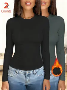 2-Pack Women's Thermal Underwear Tops, Solid Color Classic Crew Neck Long-Sleeve Base Layers for Autumn & Winter - Ideal as Running, Hiking Activewear, Comfortable Base Layer Tees Suitable for Outdoor Activities