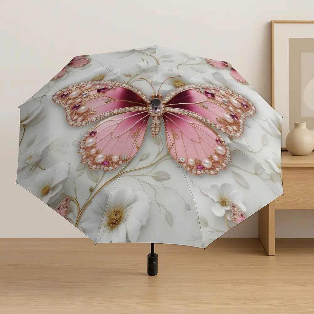 Auto Open-Close Umbrella with Jewelry Butterfly Design, 8-Rib Strong Structure, Portable Travel Umbrella for Women, Party & Daily Use, Automatic Umbrella
