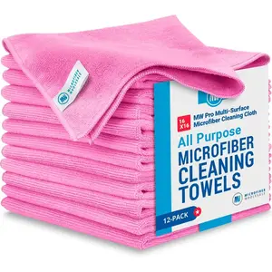 MW Pro Microfiber Cleaning Cloth | Pink (12 Pack) | Size 16" x 16" | All Purpose Microfiber Towels - Clean, Dust, Polish, Scrub, Absorbent