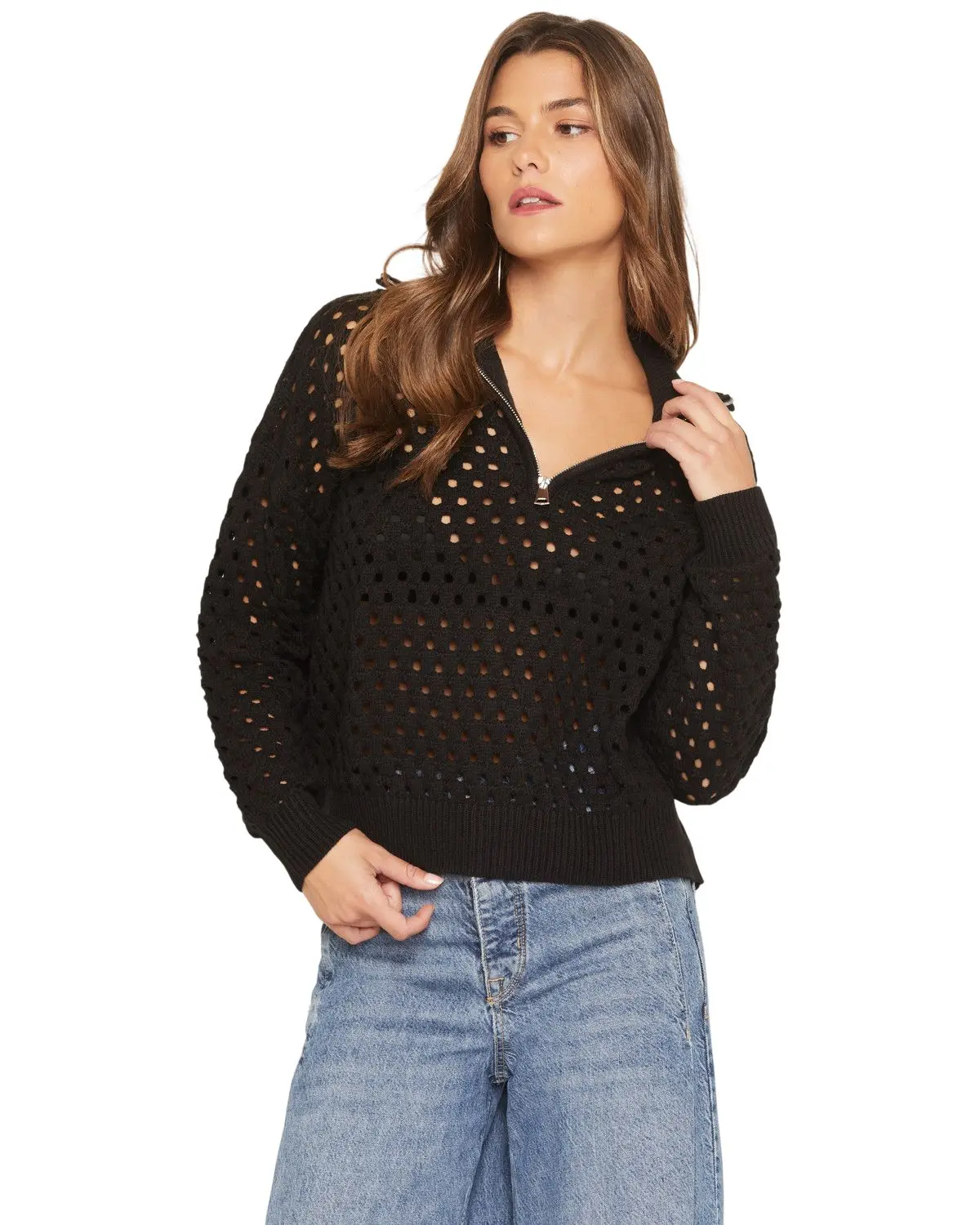 Elan Women's Women'S Crochet Half Zip Long Sleeve Sweater - Bb-11472Sw
