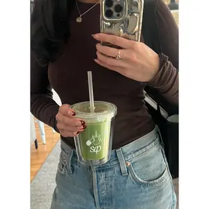 Leak Proof Dual Wall Clear Reusable Cup 12oz Flat Lid With Straw Bottle Drinkware