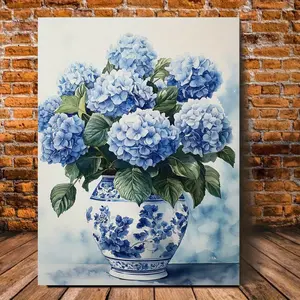 1 piece wooden framed oil painting - blue and white porcelain vase with hydrangea watercolor art, wall decoration for living room, bathroom, kitchen, ready to hang, holiday gift for her or him, home decor, classic design, high-quality printing, 2D flat, p