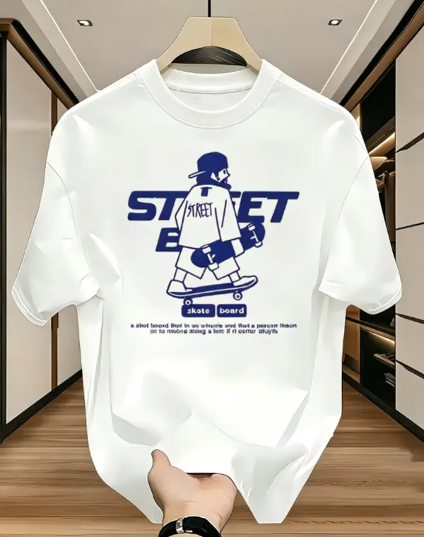 Crew Neck Oversized Graphic T-Shirt, Blue Street Skateboard Boy Chest Print, Minimal Street Skate Slogan Short Sleeve Tee, Soft Loose Fit Cotton Casual Top, Unisex Hip Hop Skater Daily Streetwear Outfit For Men Women Holiday Travel
