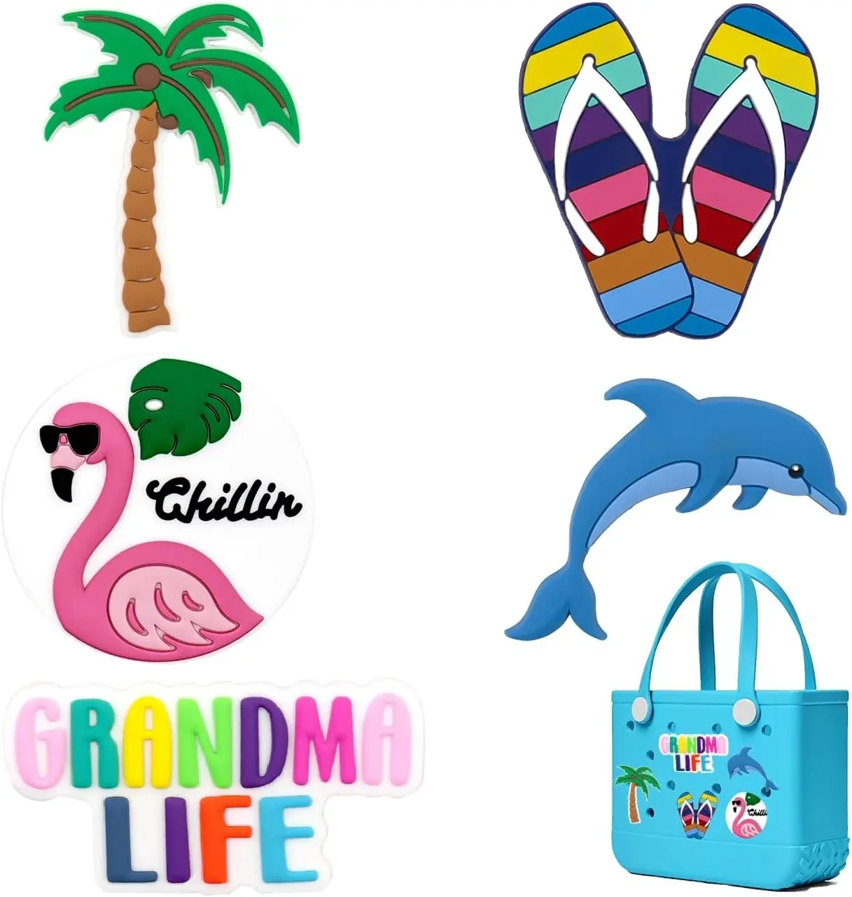 DIY Waterproof Beach Tote Decoration Fit 14-16mm Holes, Cute PVC Bag Charm Inserts, Summer Vacation Accessories