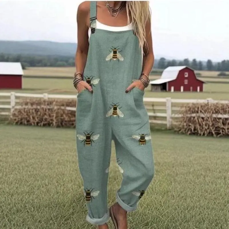 (New)[Vintage Jumpsuit] Vintage Style Women's Jumpsuit|           Elastic Waist, Lace-Up Detail, Floral Chicken Print|           Light Green Sleeveless Overalls, Casual Knit Fabric, Ideal for Spring/Summer/Fall Womenswear Fitted rompers women Strappy