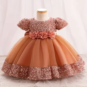 (New)Gorgeous Sequin Flower Decor Puff Short Sleeve Tutu Dress Princess Dress Girls Kids Clothes Party Christmas