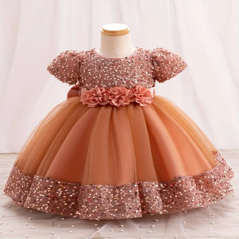 (New) Girls' Glitter Sequin Flower Decor Puff Short-Sleeve Tutu Princess Dress, Toddler Party Dress, Kids' Christmas Clothing, Glitter Sequin Dress