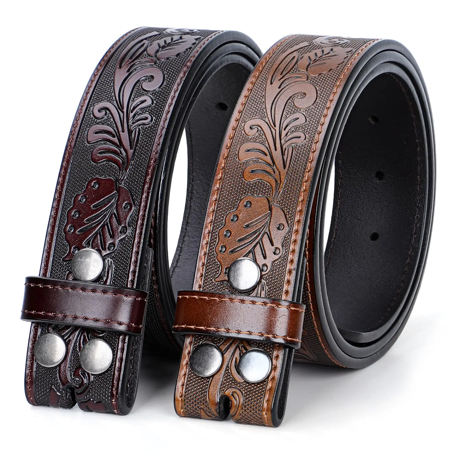 Unisex 2-Pack Western Style Casual Tooled Leather Belt Straps - Artisan Engraved Buckle-Free Replacement Straps for Jeans, Western Style Belt, Country Belt