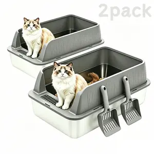 petwhole 2-Pack Stainless Steel Cat Litter Box with Lid, High-Sided Kitten-Size Solid Metal Tray, Odor-Proof, Leak-Proof, Non-Stick, Rustproof, Easy to Clean with Scoop, Stainless Steel Litter Box