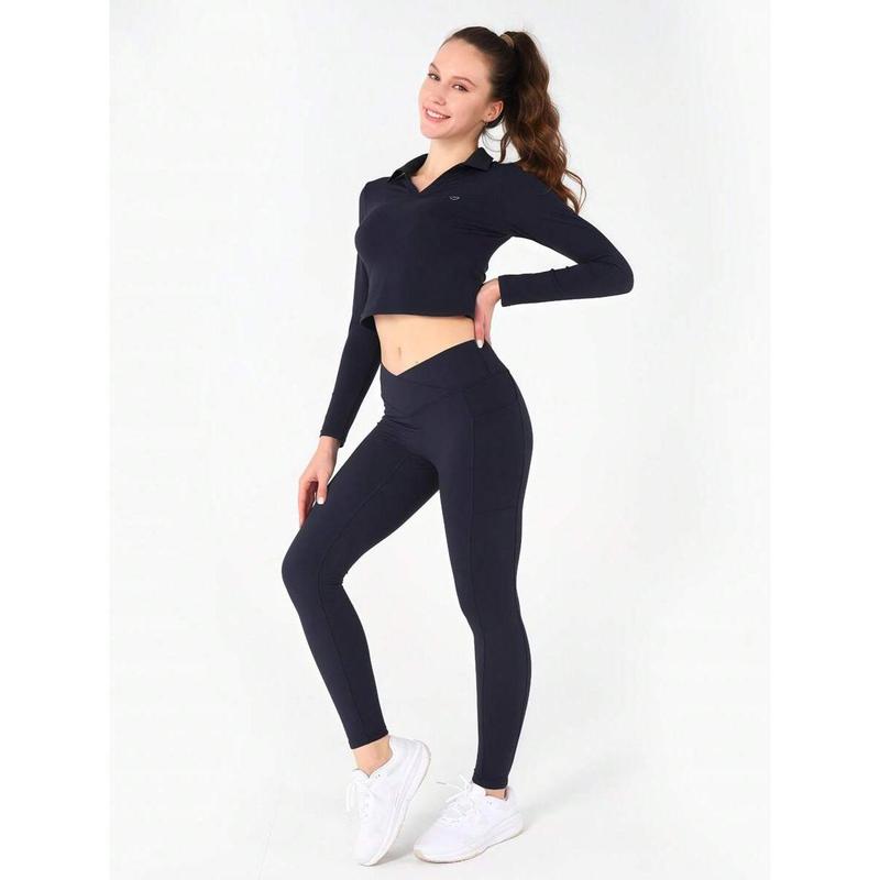 Women's V-Shaped Cross Waist High Waist Pocket Yoga Pants, Casual Solid Color Spandex Nylon Knitted Fabric, Soft And High Elasticityr