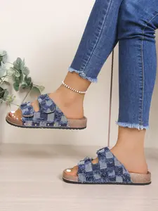 Women's Casual Thick Sole Birkenstock Sandals, New Summer Fashion Slip-Ons, Anti-Slip Denim Checkered Flip Flops, Versatile Outdoor Wear