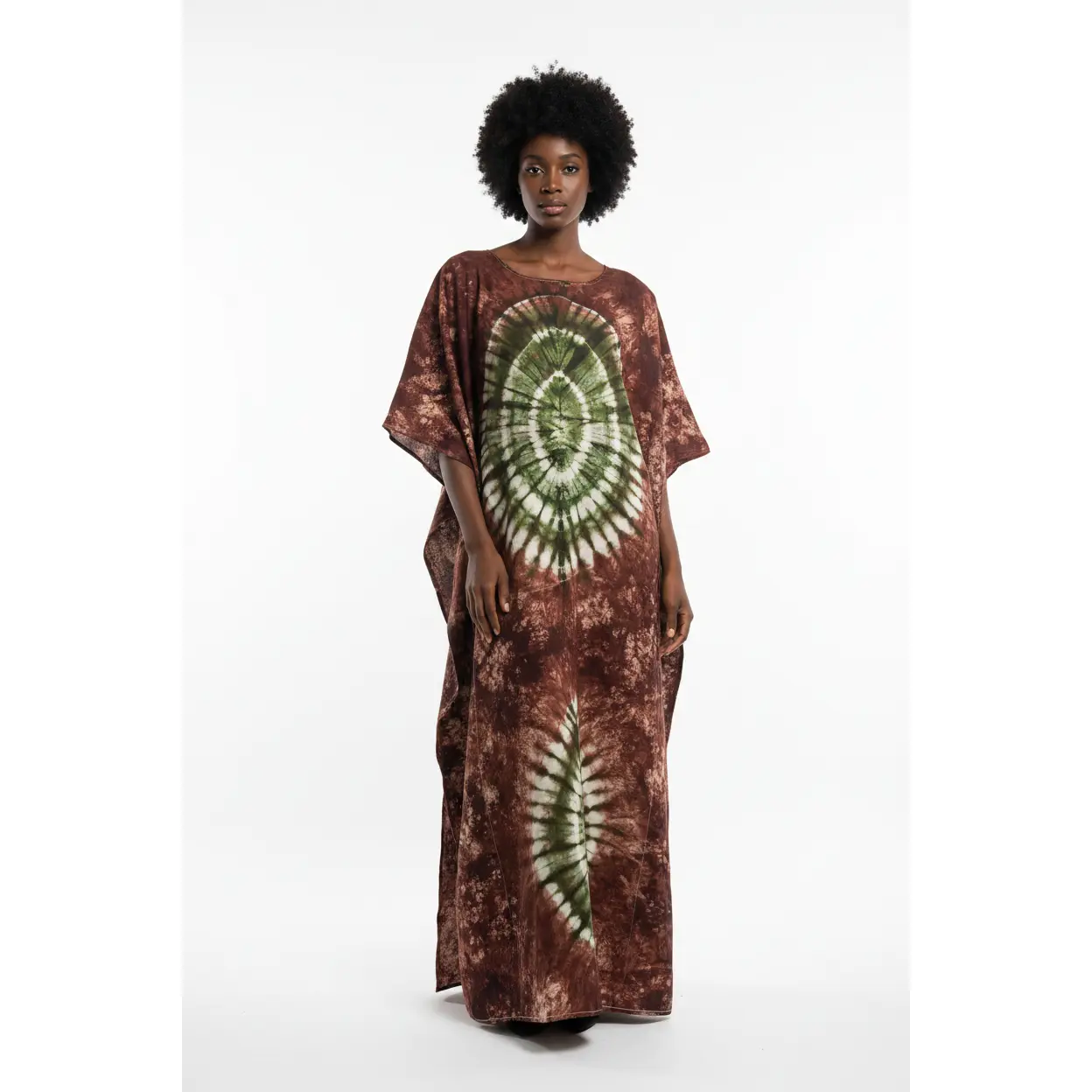 Burgundy & Green Tie-Dye Sunburst Kaftan Maxi Dress