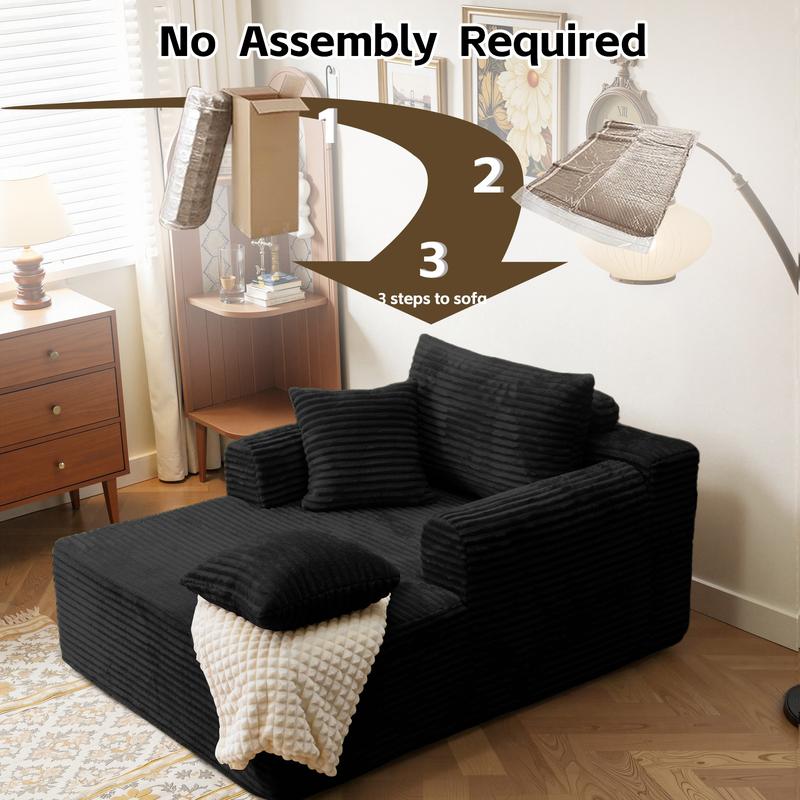 Oversized Boneless Chaise Lounge Upholstered Sofa Bed with Throw Pillows and Armrests Indoor Sleeper Chair Luxurious Plush Corduroy Chair Bed for Living Room No Assembly Required Black Color