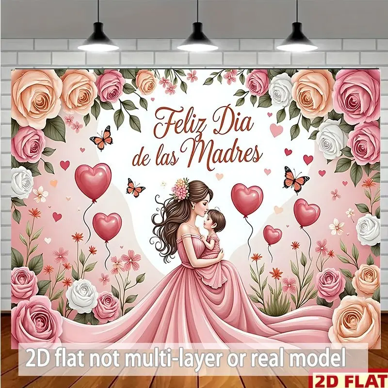 Happy Mother's Day Banner in Spanish, Dress Women & Kids, Balloon Flower Pattern, Polyester Fiber Material, Party Decoration