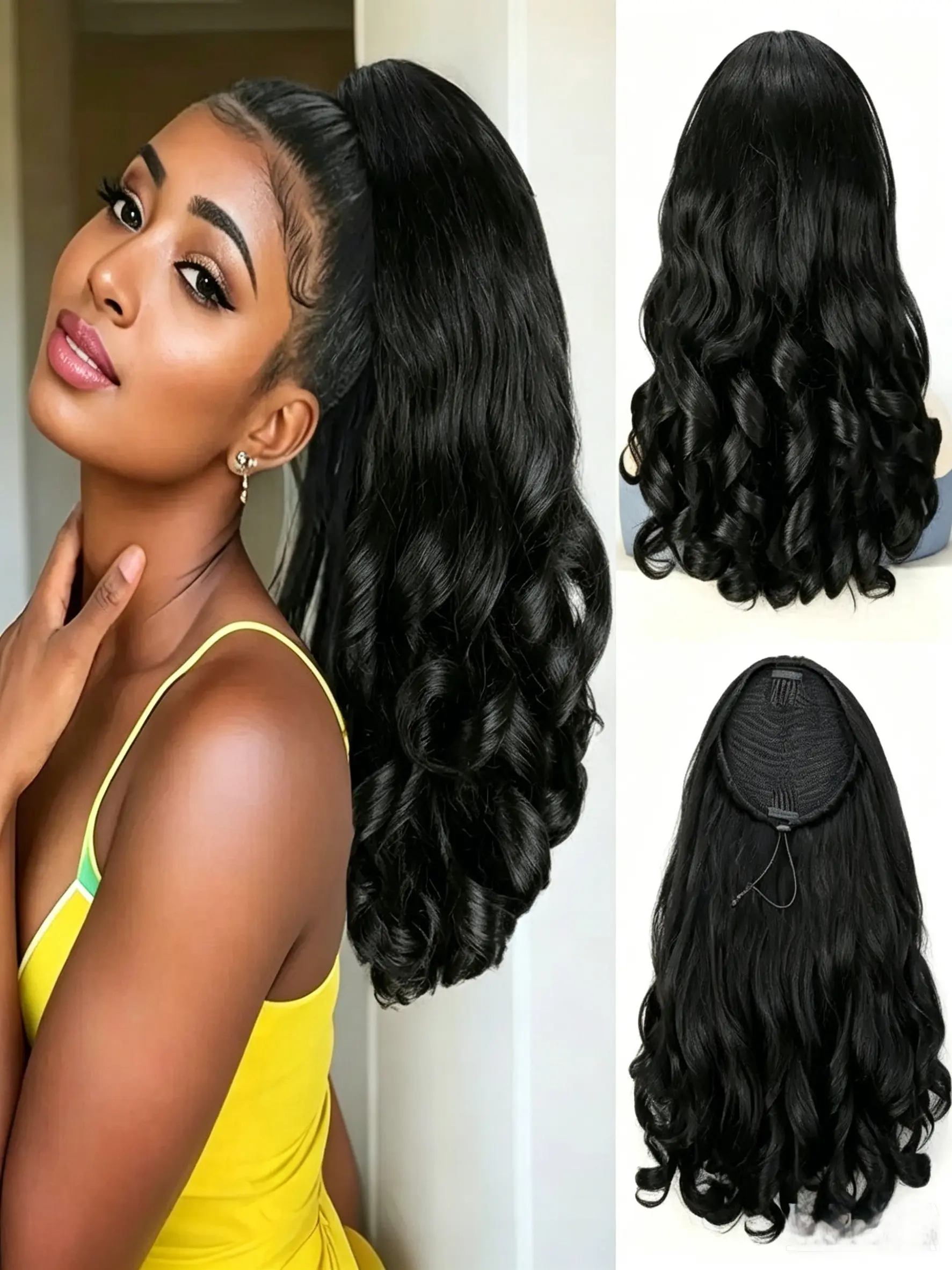 16-Inch Women's Drawstring Yaki Ponytail Short Hair, Voluminous Curly Ponytail Extensions, Synthetic Fiber False Hair Piece, Artificial Wig, Synthetic Wigs