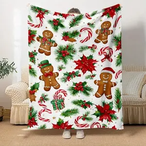 Christmas gingerbread pattern, luxurious flannel blanket, 280gsm fabric, suitable for home, bedroom, sofa, travel, and home use; a high-end gift, perfect for giving!