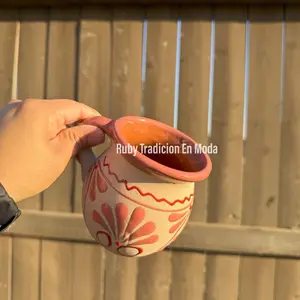 Jarritos de arcilla Rojo y Rosa | Tazas Mexicanas de Ceramica | Mexican Cups | Clay Mexican Cups | Floral Cups | Hand-Painted Clay Mugs|