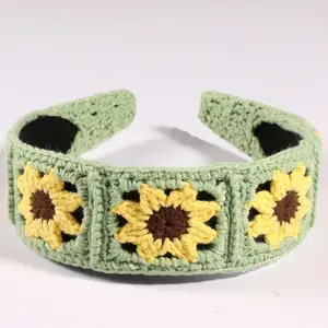 Women's Crochet Hairband, Handmade Sunflower & Plaid Hair Accessory, Stretchy Bohemian Headband (, Sunflower Color)