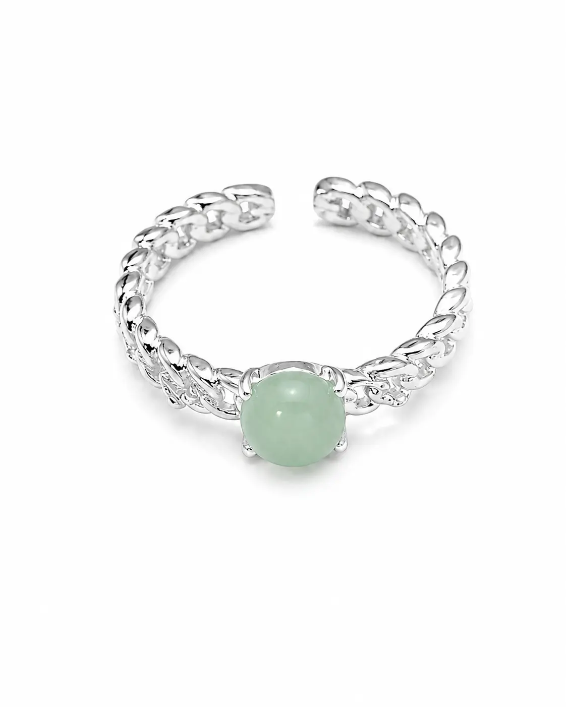 Avoria Minimalist Green Stone Adjustable Ring, Silver Tone Braided Open Band Jewelry