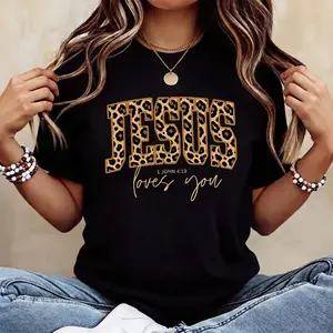 [Printed Design – Not Textured]Jesus Loves You Leopard Print Graphic Tee Christian Bible Verse Shirt