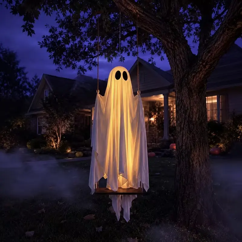 Halloween Ghost Swing Decoration, Rideable Wooden Swing Seat with Large Hanging Ghost Figure, Adjustable Rope Swing Up, 200LB Capacity Outdoor Porch Yard Halloween Decor