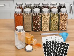 14-piece 8oz square glass spice jar set with labels. Equipped with shaker lids and airtight metal caps, including a chalk marker and silicone funnel for convenient kitchen seasoning storage.