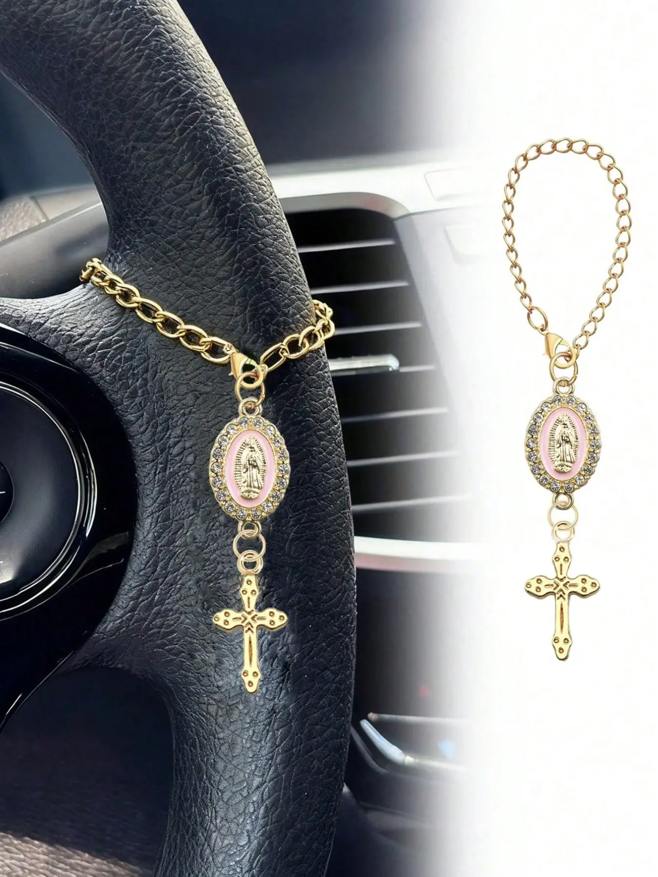A steering wheel charm pendant, with a pink Virgin Mary pendant and cross steering wheel accessory, Catholic rosary pendant, car accessory, Car Trinkets, cross keychain, adjustable chain, fashion accessory, Car Ornament