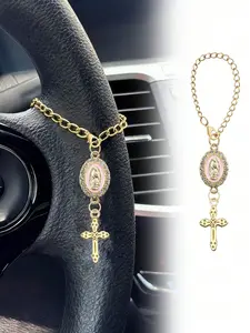 A steering wheel charm pendant, with a pink Virgin Mary pendant and cross steering wheel accessory, Catholic rosary pendant, car accessory, cross keychain, adjustable chain, fashion accessory