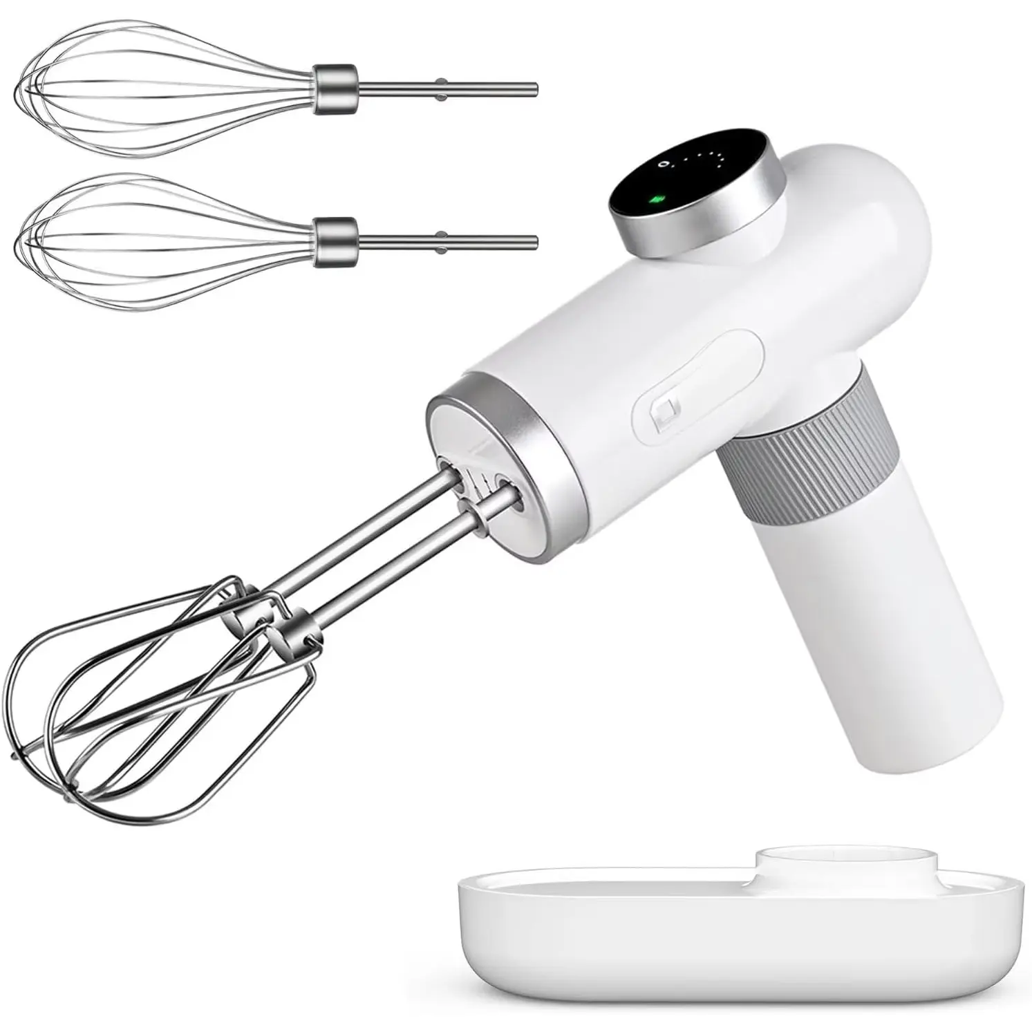 Cordless Rechargeable Hand Mixer for , Portable Handheld Electric Mixer with Beaters, Whisks, 6-Speed Digital Display, Chargg Base and USB-C Charge  ( White)