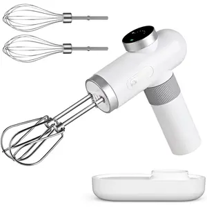 Cordless Rechargeable Hand Mixer for , Portable Handheld Electric Mixer with Beaters, Whisks, 6-Speed Digital Display, Chargg Base and USB-C Charge  ( White)