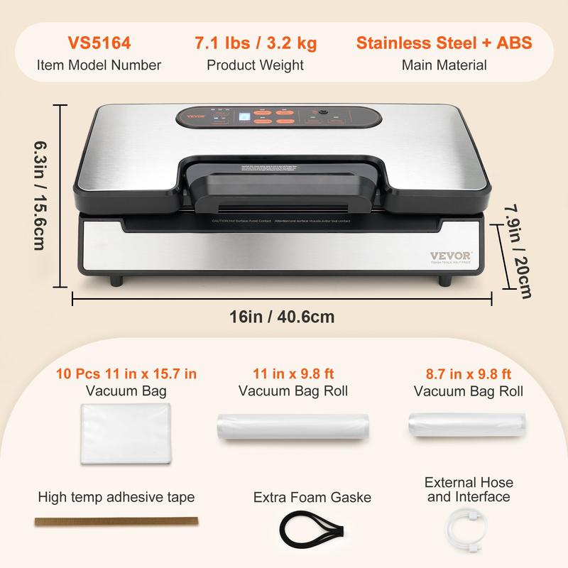 VEVOR Vacuum Sealer Machine, TikTokShopBlackFriday, 90Kpa 130W Powerful Dual Pump and Dual Sealing, Dry and Moist Food Storage, Automatic and Manual Air Sealing System with Built-in Cutter, with Seal Bag and External Hose